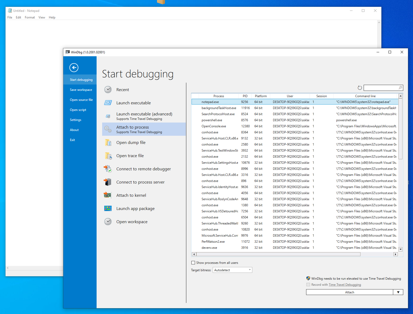 Opening Notepad in WinDbg